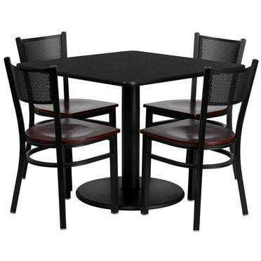 Flash Furniture 36'' Square Black Laminate Table Set with 4 Grid Back Metal Chairs - Mahogany Wood Seat
