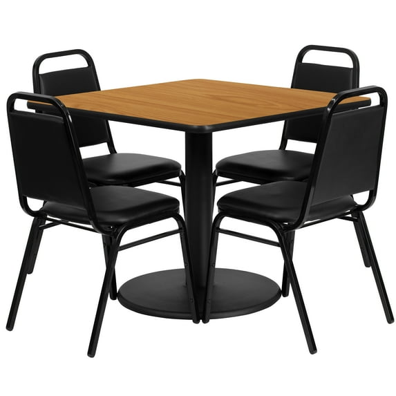 Flash Furniture 36'' Square Natural Laminate Table Set with Round Base and 4 Black Trapezoidal Back Banquet Chairs