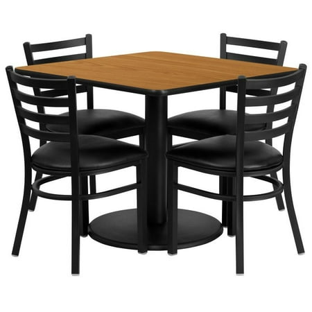 Flash Furniture 36'' Square Natural Laminate Table Set with Round Base and 4 Ladder Back Metal Chairs - Black Vinyl Seat