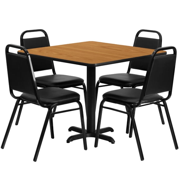 Flash Furniture 36'' Square Natural Laminate Table Set with X-Base and 4 Black Trapezoidal Back Banquet Chairs