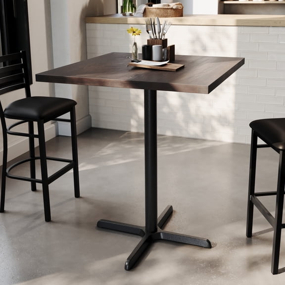 Flash Furniture 36" Square Solid Wood Commercial Indoor Tabletop in Dark Brown with 30" x 30" Bar Height Rust-Resistant Black Cast Iron X-Base