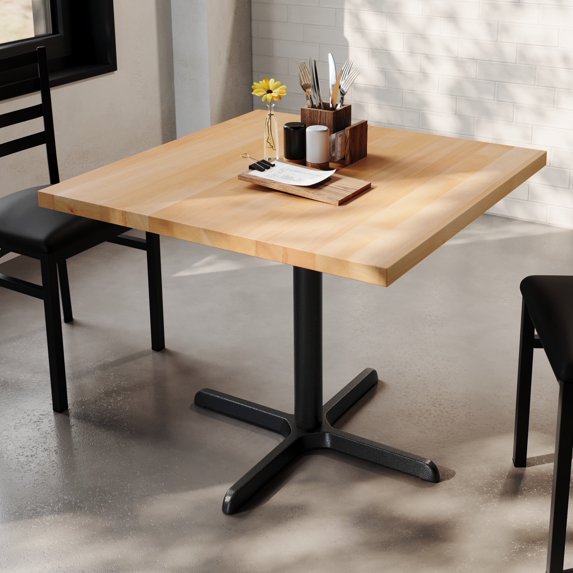 Flash Furniture 36" Square Solid Wood Commercial Indoor Tabletop in Natural with 30" x 30" Dining Height Rust-Resistant Black Cast Iron X-Base