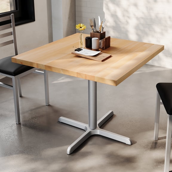 Flash Furniture 36" Square Solid Wood Commercial Indoor Tabletop in Natural with 30" x 30" Dining Height Rust-Resistant Silver Cast Iron X-Base