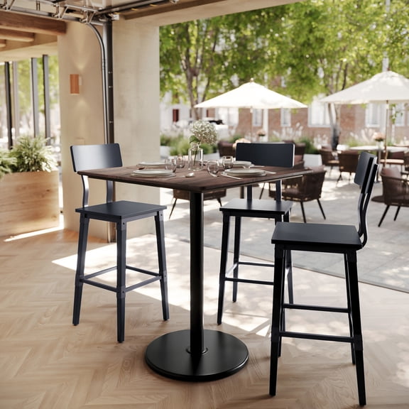 Flash Furniture 36" Square Tabletop with TopGuard HPL Technology in Dark Brown with 24" Black Round Bar Height Base