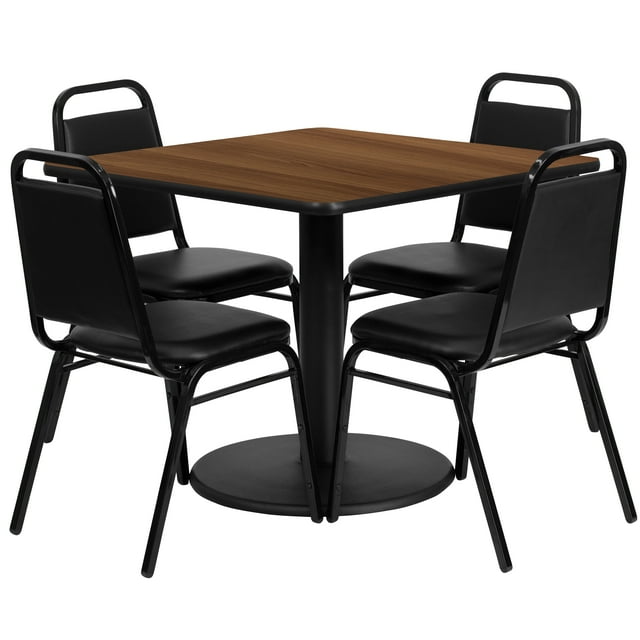 Flash Furniture 36'' Square Walnut Laminate Table Set with Round Base and 4 Black Trapezoidal Back Banquet Chairs