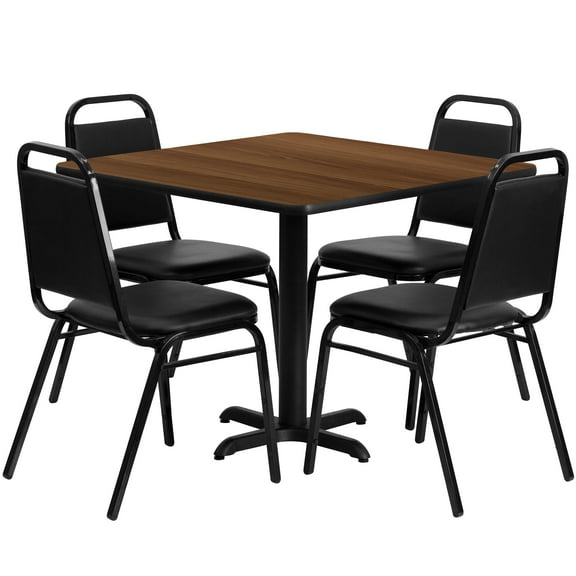 Flash Furniture 36'' Square Walnut Laminate Table Set with X-Base and 4 Black Trapezoidal Back Banquet Chairs