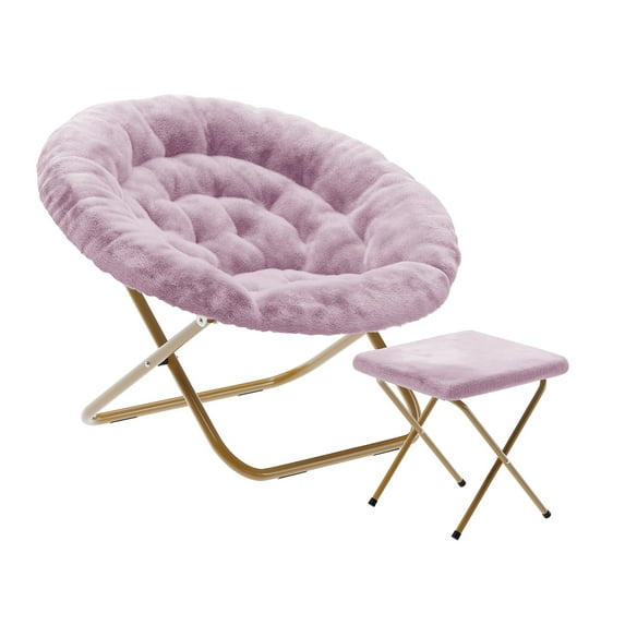Flash Furniture Gwen Faux Fur Folding Saucer Chair with Folding Ottoman Dusty Purple/Soft Gold Frame