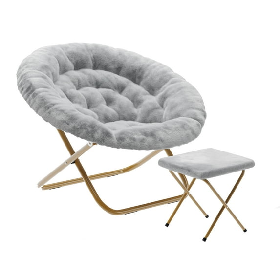 Flash Furniture 38" Oversize Portable Faux Fur Folding Saucer Moon Chair with Folding Ottoman for Dorm and Bedroom, Gray Faux Fur/Soft Gold Frame