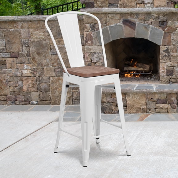 Flash Furniture 4 Pack 24" High White Metal Counter Height Stool with Back and Wood Seat