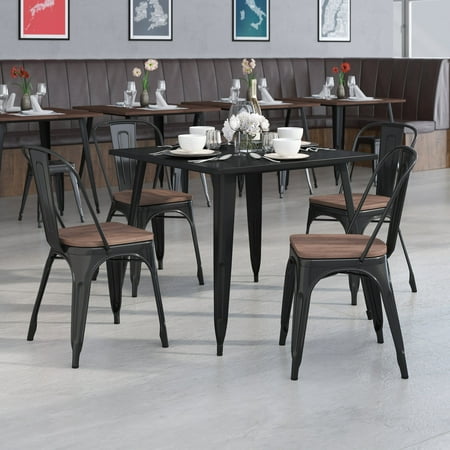 Flash Furniture 4 Pack Black Metal Stackable Chair with Wood Seat