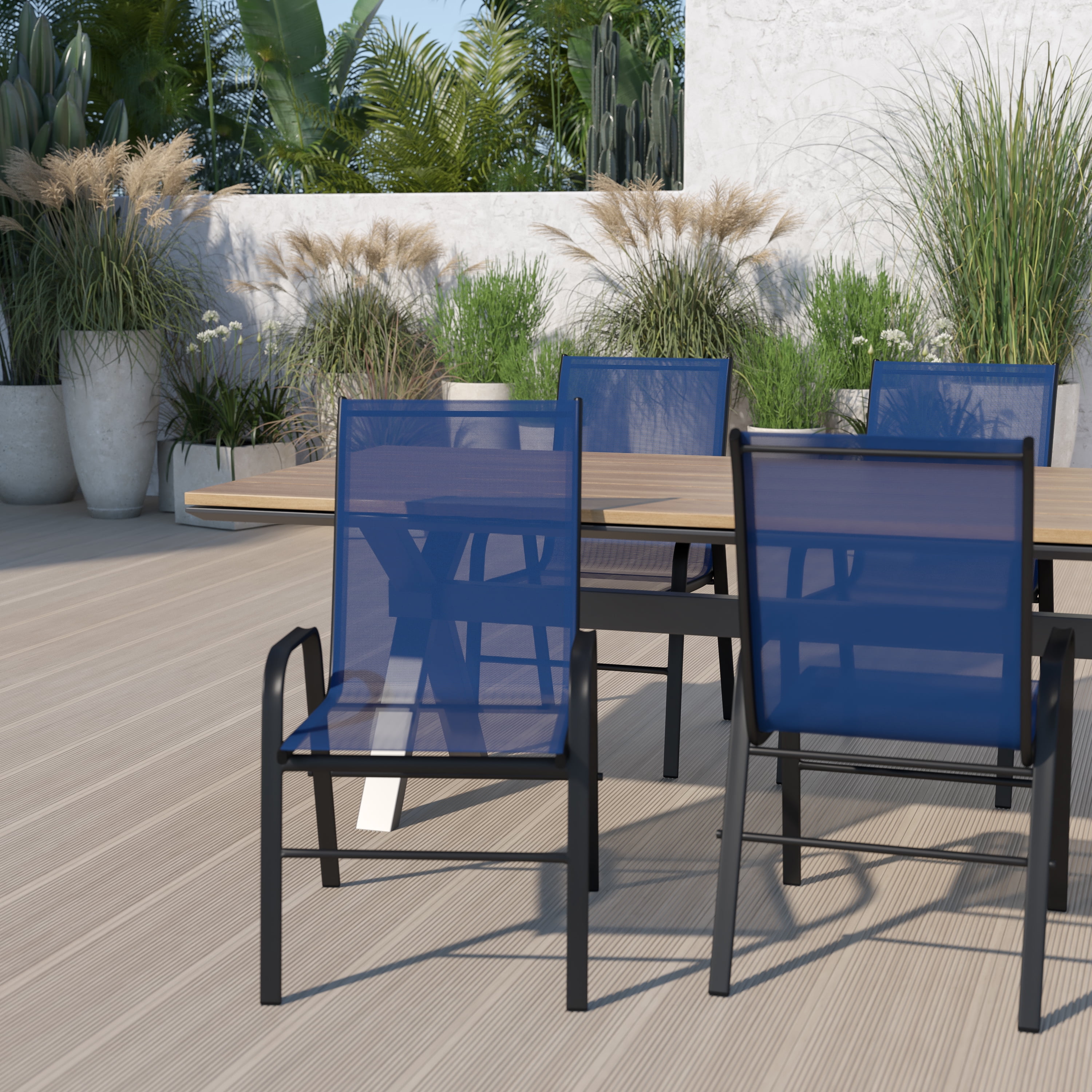 Brazos series black outdoor stack chair with flex comfort material and metal frame new arrivals