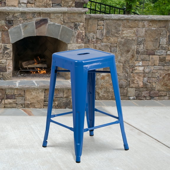 Flash Furniture 4 Pack Commercial Grade 24" High Backless Blue Metal Indoor-Outdoor Counter Height Stool with Square Seat