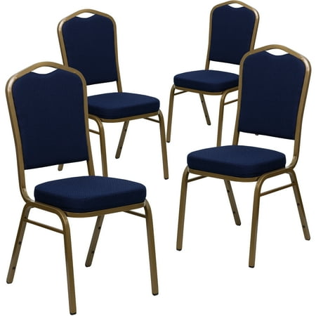 Flash Furniture 4 Pack HERCULES Series Crown Back Stacking Banquet Chair in Navy Blue Patterned Fabric - Gold Frame