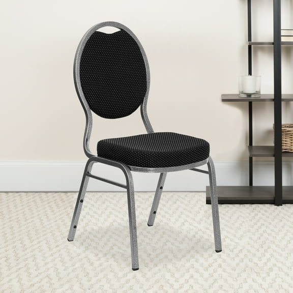 Flash Furniture 4 Pack HERCULES Series Teardrop Back Stacking Banquet Chair in Black Patterned Fabric - Silver Vein Frame