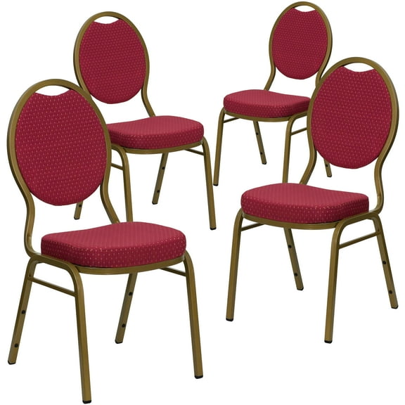 Flash Furniture 4 Pack HERCULES Series Teardrop Back Stacking Banquet Chair in Burgundy Patterned Fabric - Gold Frame