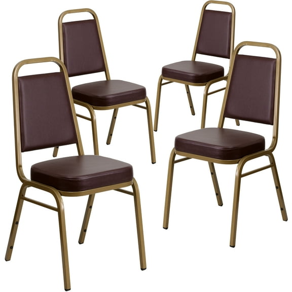 Flash Furniture 4 Pack HERCULES Series Trapezoidal Back Stacking Banquet Chair in Brown Vinyl - Gold Frame