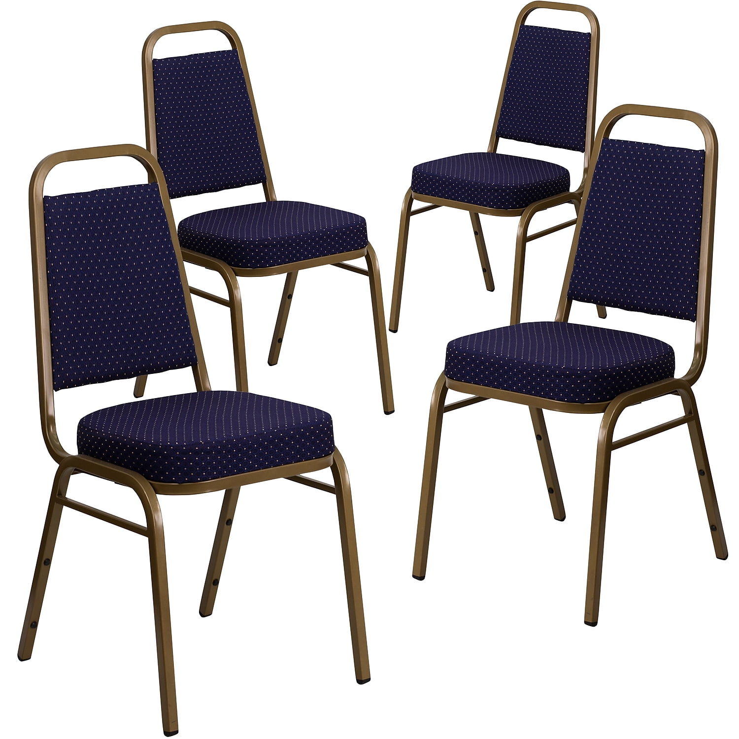 Flash Furniture 4 Pack HERCULES Series Trapezoidal Back Stacking Banquet  Chair in Navy Patterned Fabric - Gold Frame