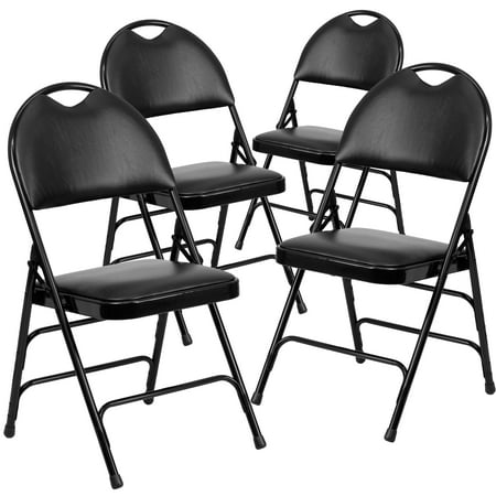 Flash Furniture 4 Pack HERCULES Series Ultra-Premium Triple Braced Black Vinyl Metal Folding Chair with Easy-Carry Handle