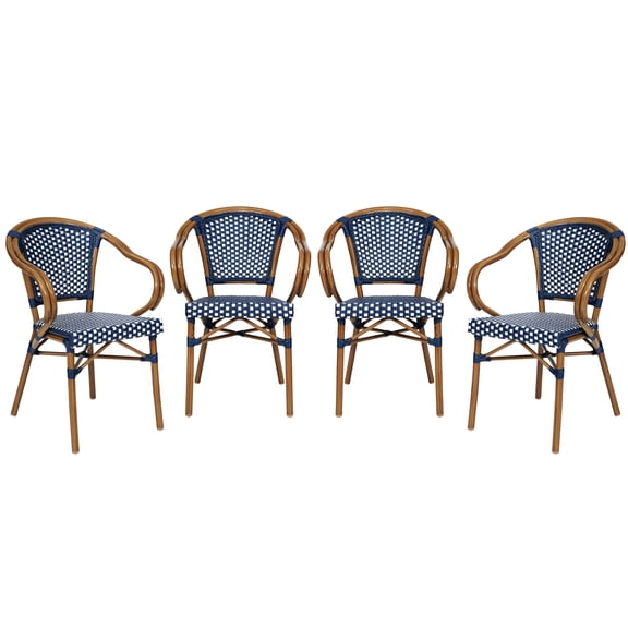 Flash Furniture Bordeaux Indoor/Outdoor French Bistro Stacking Chair with Arms Navy/White/Natural