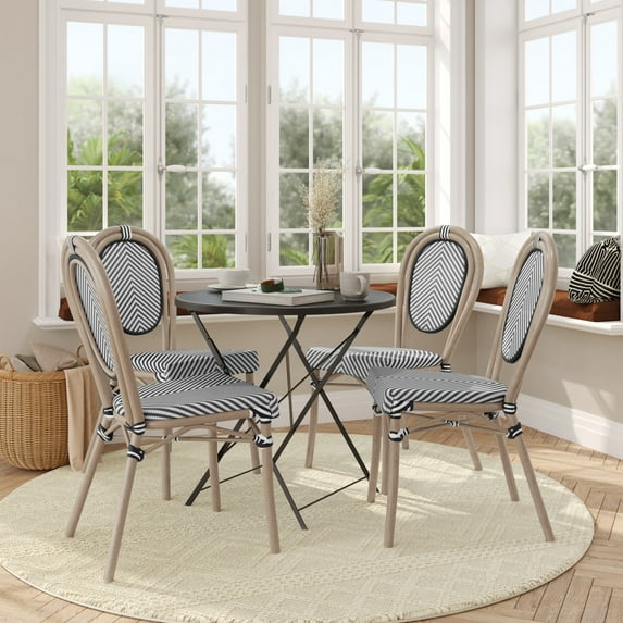 Flash Furniture 4 Pack Indoor/Outdoor Commercial Thonet Bistro Stacking Chair, Black/White Textilene and Bamboo Print Aluminum Frame in LT Natural