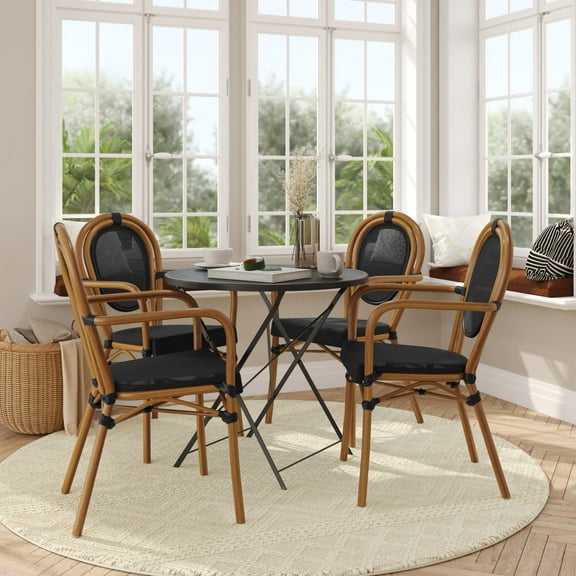 Flash Furniture 4 Pack Indoor/Outdoor Commercial Thonet French Bistro Stacking Chair with Arms, Black Textilene and Bamboo Print Aluminum Frame in Natural