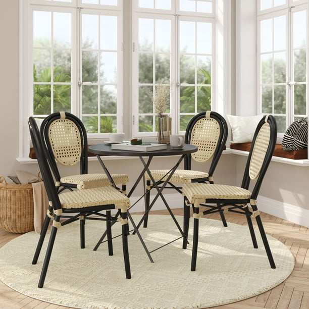 Flash Furniture 4 Pack Cannes Indoor Outdoor Commercial Thonet Bistro Stacking Chair Natural PE Cane Rattan and Black Aluminum Frame