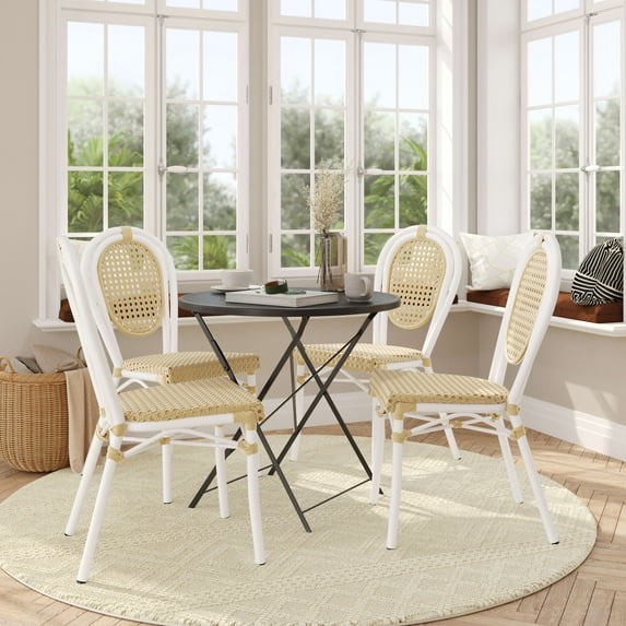 Flash Furniture 4 Pack Indoor/Outdoor Commercial Thonet French Bistro Stacking Chair, Natural PE Cane Rattan and White Aluminum Frame