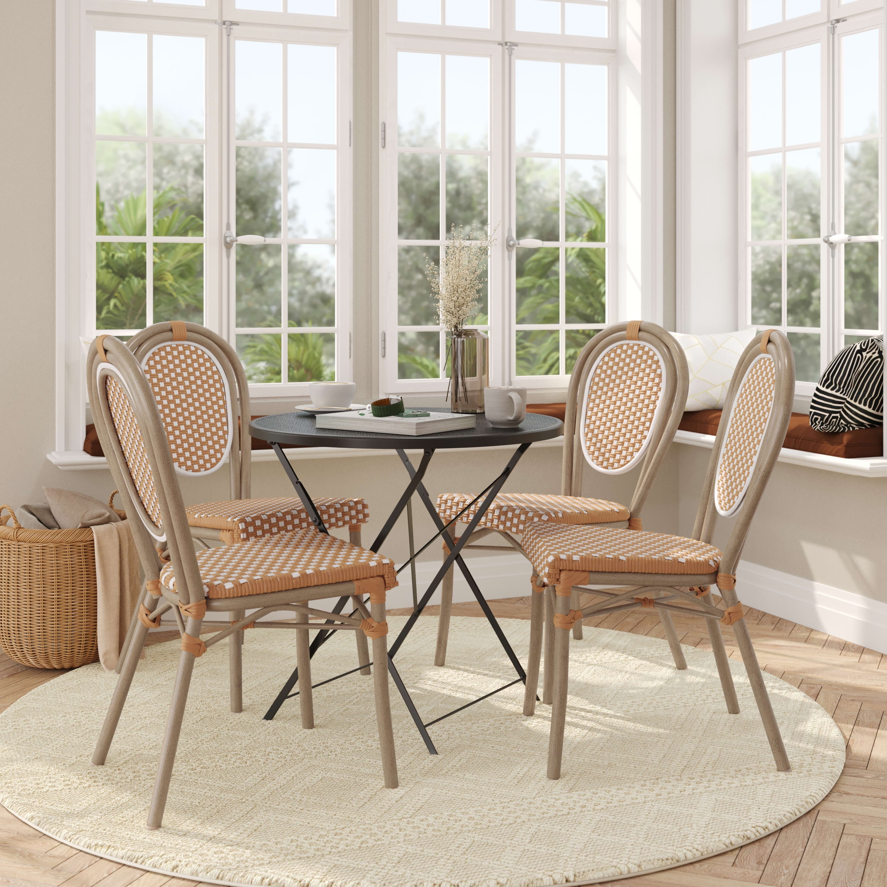 Set of Four Brown Rattan and Aluminum Armless Bistro Chairs
