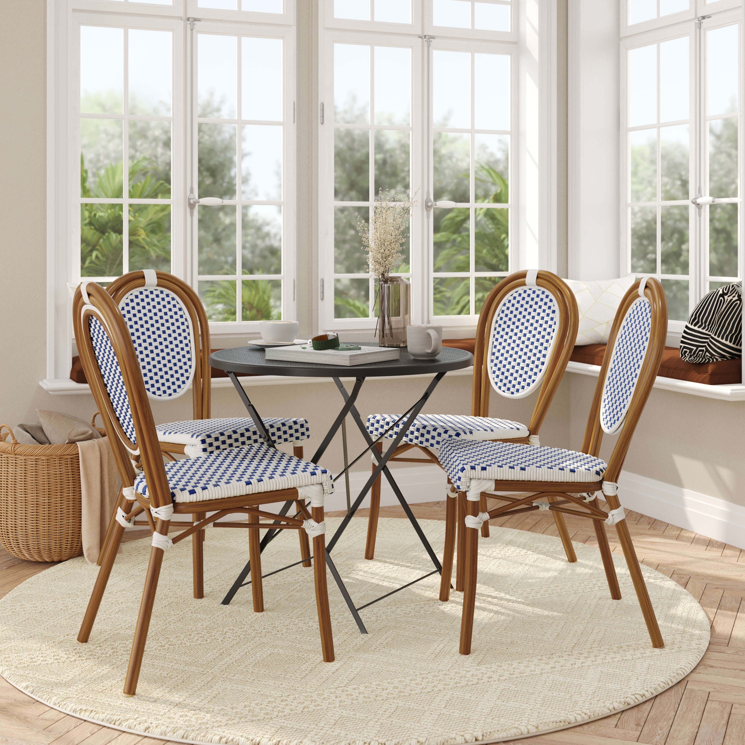 Flash Furniture 4 Pack Indoor Outdoor Commercial Thonet French Bistro Stacking Chair White and Navy PE Rattan and Bamboo Print Aluminum Frame in Natural Walmart