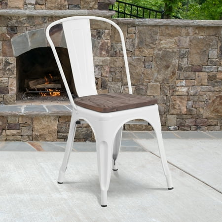 Flash Furniture 4 Pack White Metal Stackable Chair with Wood Seat