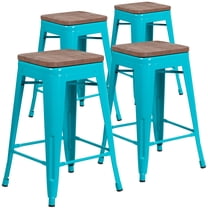 Flash Furniture 4 Pk. 24" High Backless Crystal Teal-Blue Counter Height Stool with Square Wood Seat