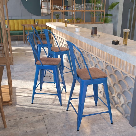 Flash Furniture 4 Pk. 24" High Blue Metal Counter Height Stool with Back and Wood Seat