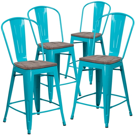 Flash Furniture 4 Pk. 24" High Crystal Teal-Blue Metal Counter Height Stool with Back and Wood Seat