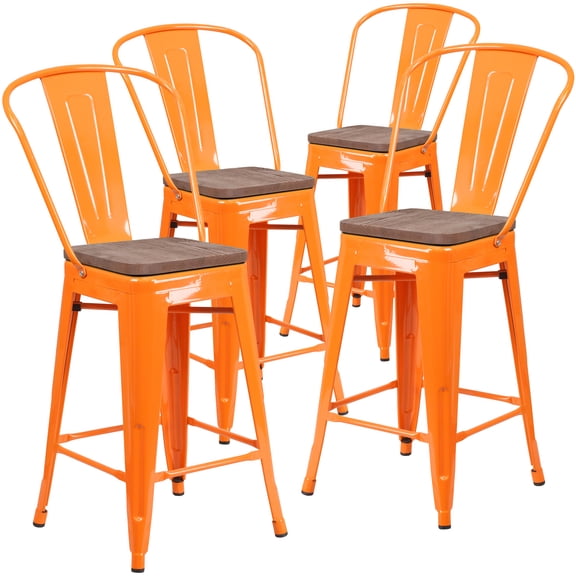 Flash Furniture 4 Pk. 24" High Orange Metal Counter Height Stool with Back and Wood Seat