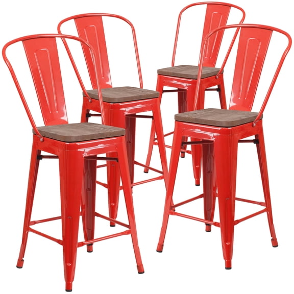 Flash Furniture 4 Pk. 24" High Red Metal Counter Height Stool with Back and Wood Seat
