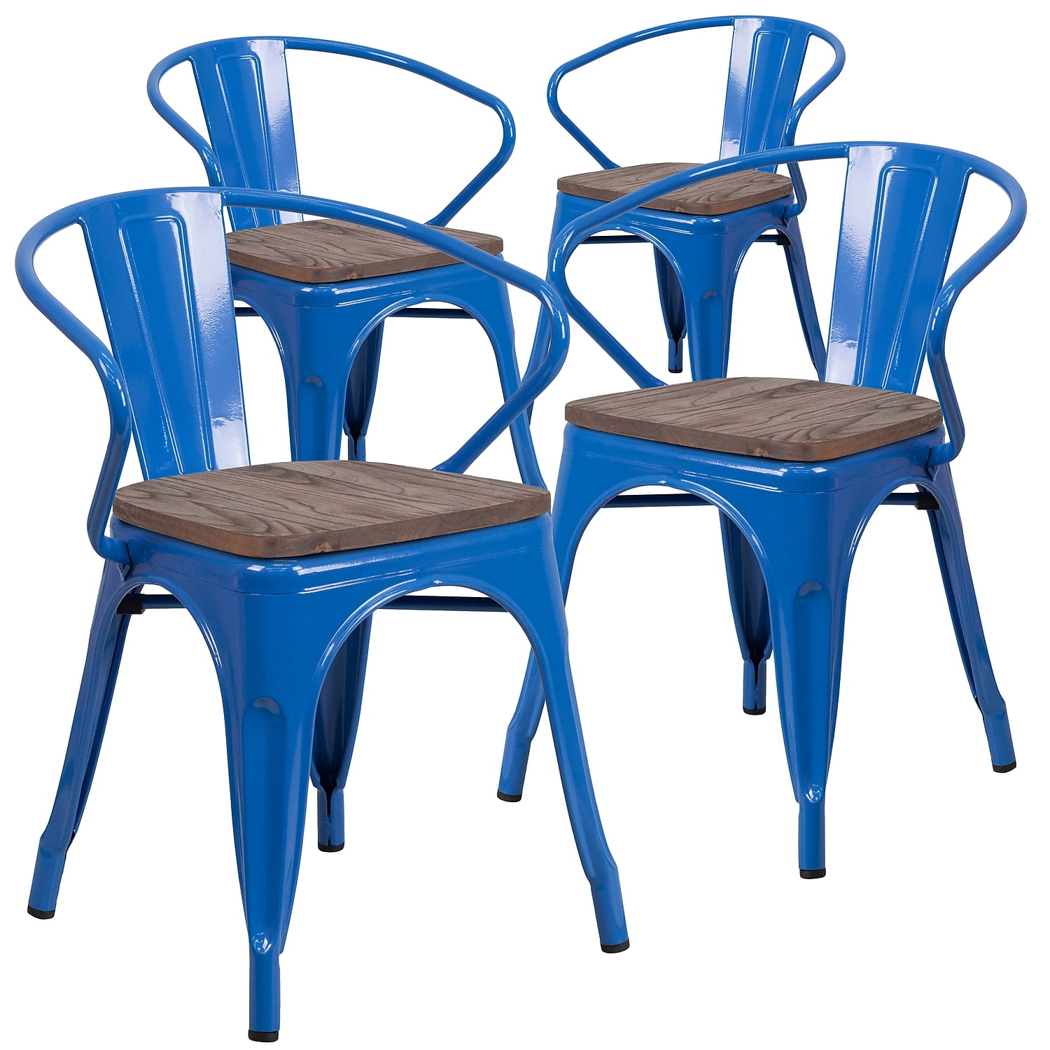 Flash Furniture 4 Pk. Blue Metal Chair with Wood Seat and Arms