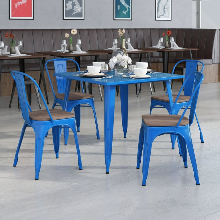 Flash Furniture 4 Pk. Blue Metal Stackable Chair with Wood Seat