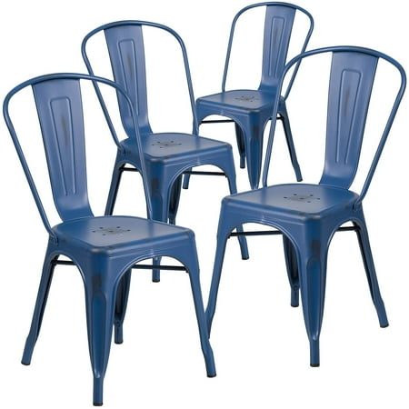 Flash Furniture Distressed Antique Blue Metal Indoo,PK4 4-ET-3534-AB-GG