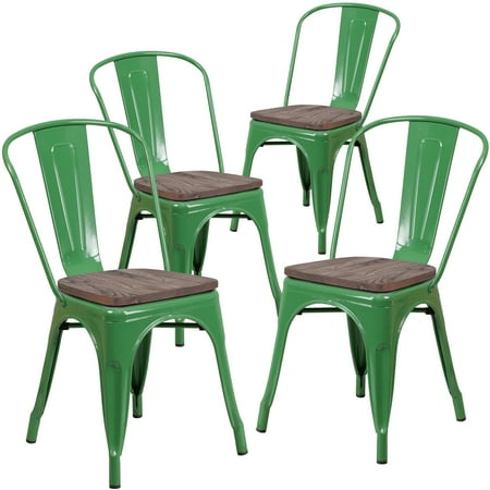 Flash Furniture 4 Pk. Green Metal Stackable Chair with Wood Seat