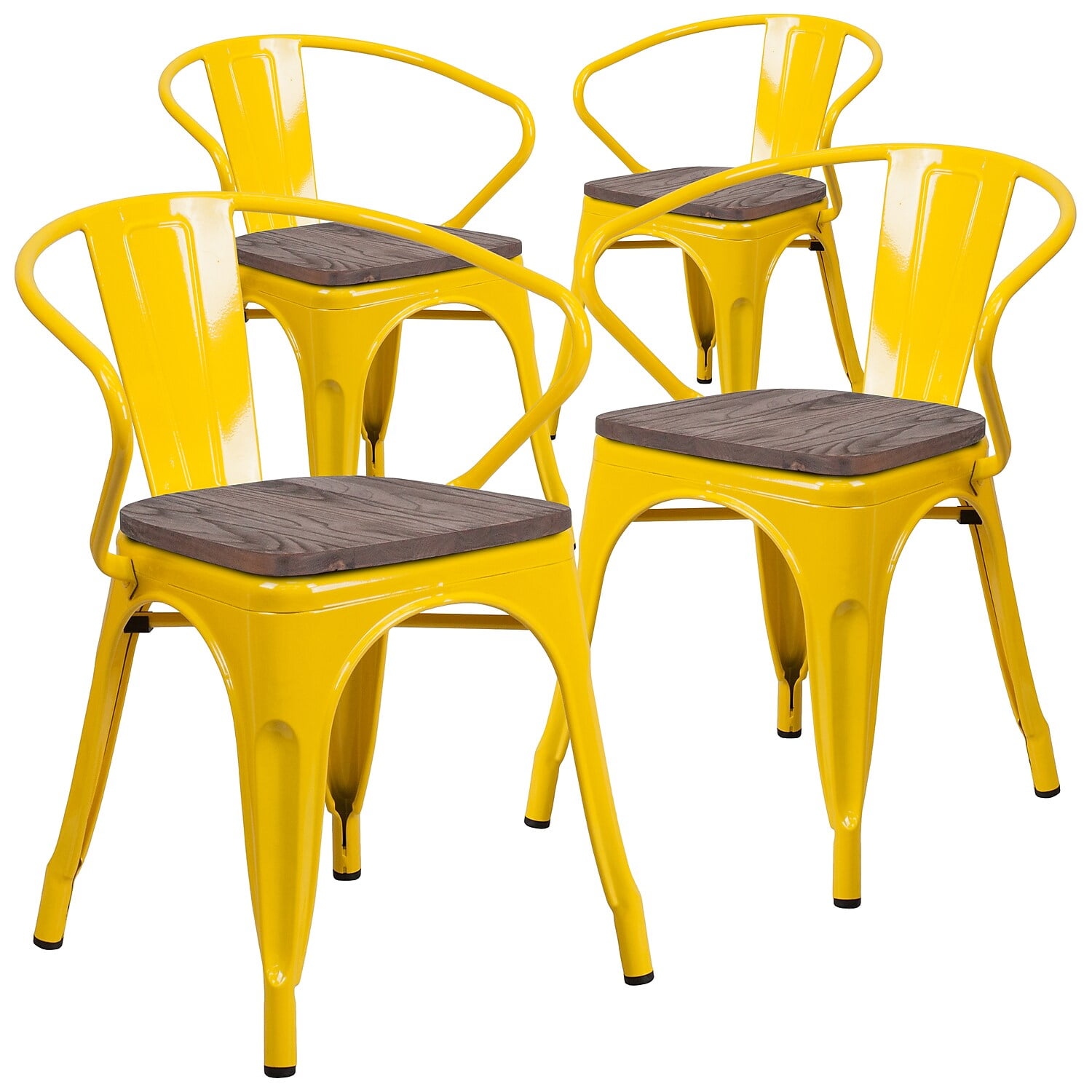 Flash Furniture 4 Pk. Yellow Metal Chair with Wood Seat and Arms