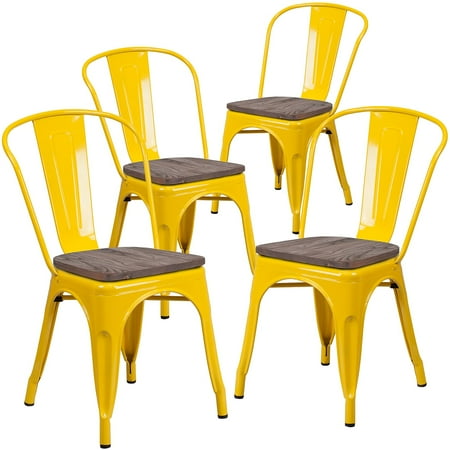 Flash Furniture 4 Pk. Yellow Metal Stackable Chair with Wood Seat