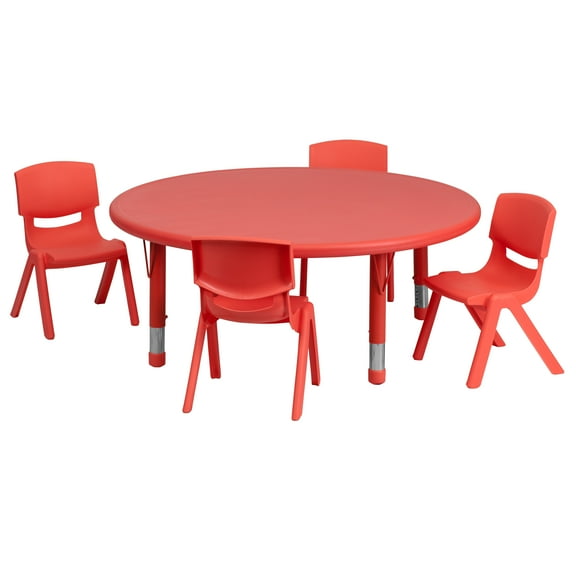 Flash Furniture 45'' Round Red Plastic Height Adjustable Activity Table Set with 4 Chairs