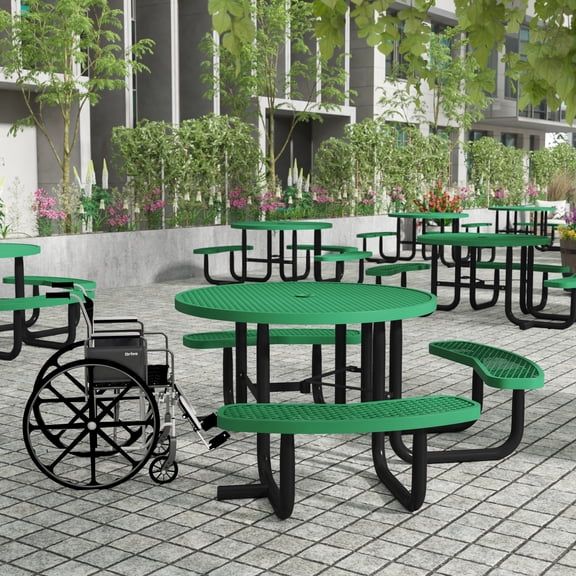Flash Furniture 46" Round Wheelchair Accessible Commercial Outdoor Picnic Table with Heavy Gauge Expanded Metal Mesh Seats and Top with Umbrella Hole, Green