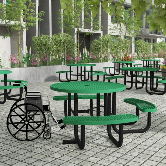 Flash Furniture 46" Round Wheelchair Accessible Outdoor Picnic Table with Expanded Metal Mesh Seats and Top with Umbrella Hole and Ground Anchors, Green