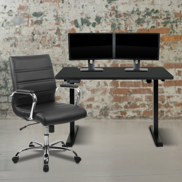 Flash Furniture 48" Wide Black Electric Height Adjustable Standing Desk with Mid-Back Black LeatherSoft and Chrome Executive Swivel Office Chair