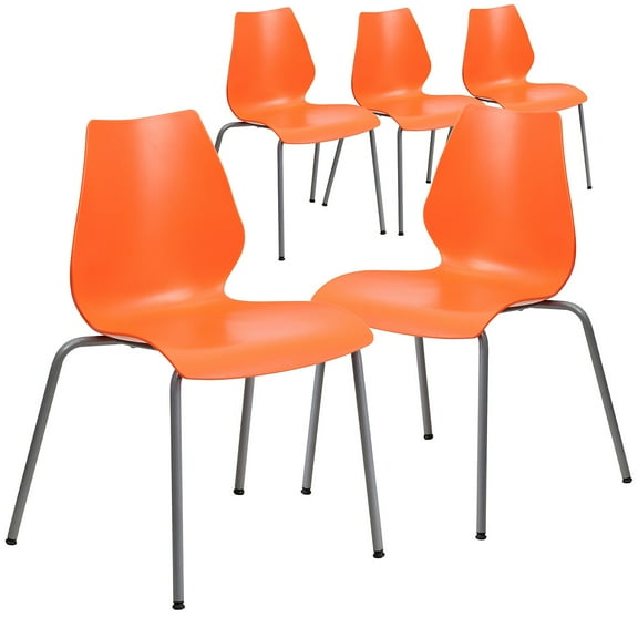Flash Furniture 5 Pack HERCULES Series 770 lb. Capacity Orange Stack Chair with Lumbar Support and Silver Frame