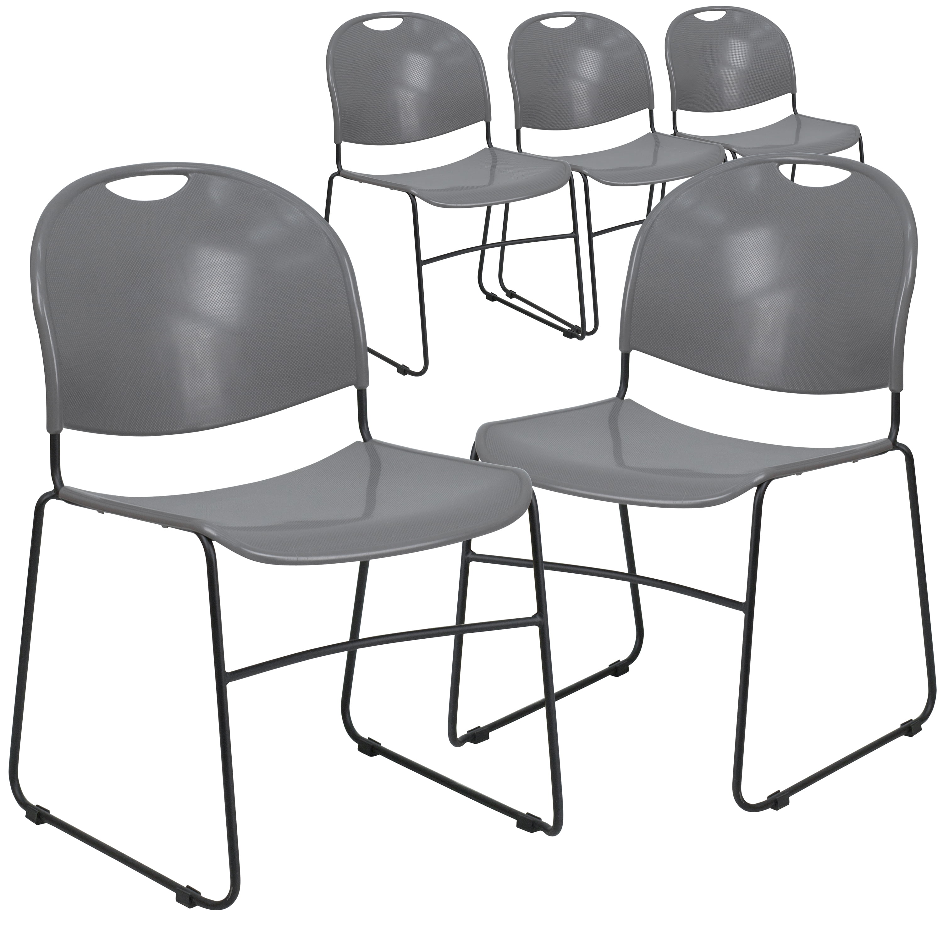 Hercules Series 880 lb Ultra-Compact Gray Vinyl Stack Chair with Black Metal Frame