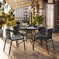thumbnail image 1 of Flash Furniture 28'' Square Glass Metal Table with Black Rattan Edging and 4 Black Rattan Stack Chairs, 1 of 14