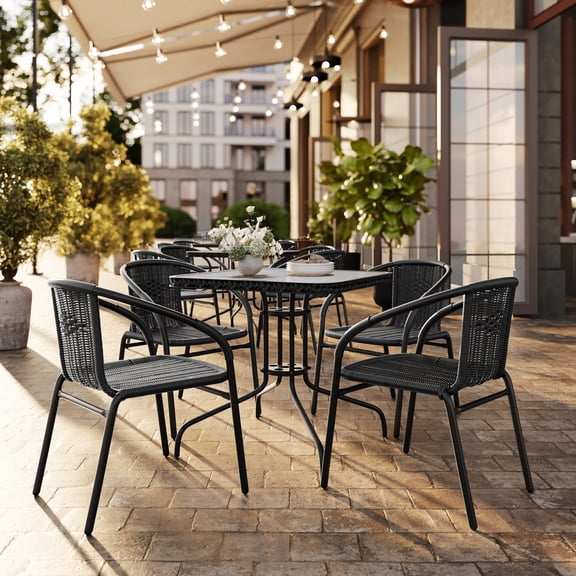 Flash Furniture 28'' Square Glass Metal Table with Black Rattan Edging and 4 Black Rattan Stack Chairs