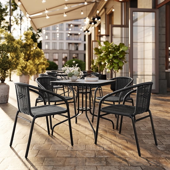 Flash Furniture 28'' Square Glass Metal Table with Black Rattan Edging and 4 Black Rattan Stack Chairs